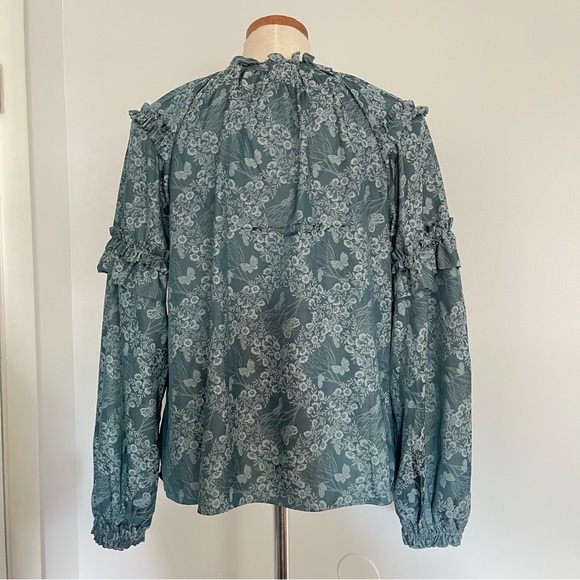 Anthropologie Current Air Blue Green ruffle trim blouse top size Small - Picture 4 of 5
